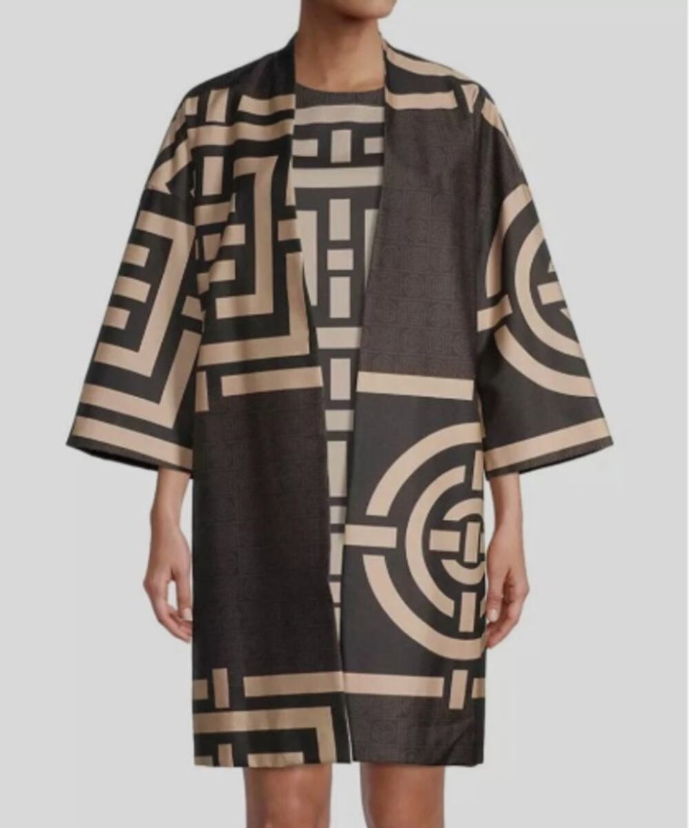 Natori Graphic Print Kimono Jacket Robe Black Cream Geometric Open Front M